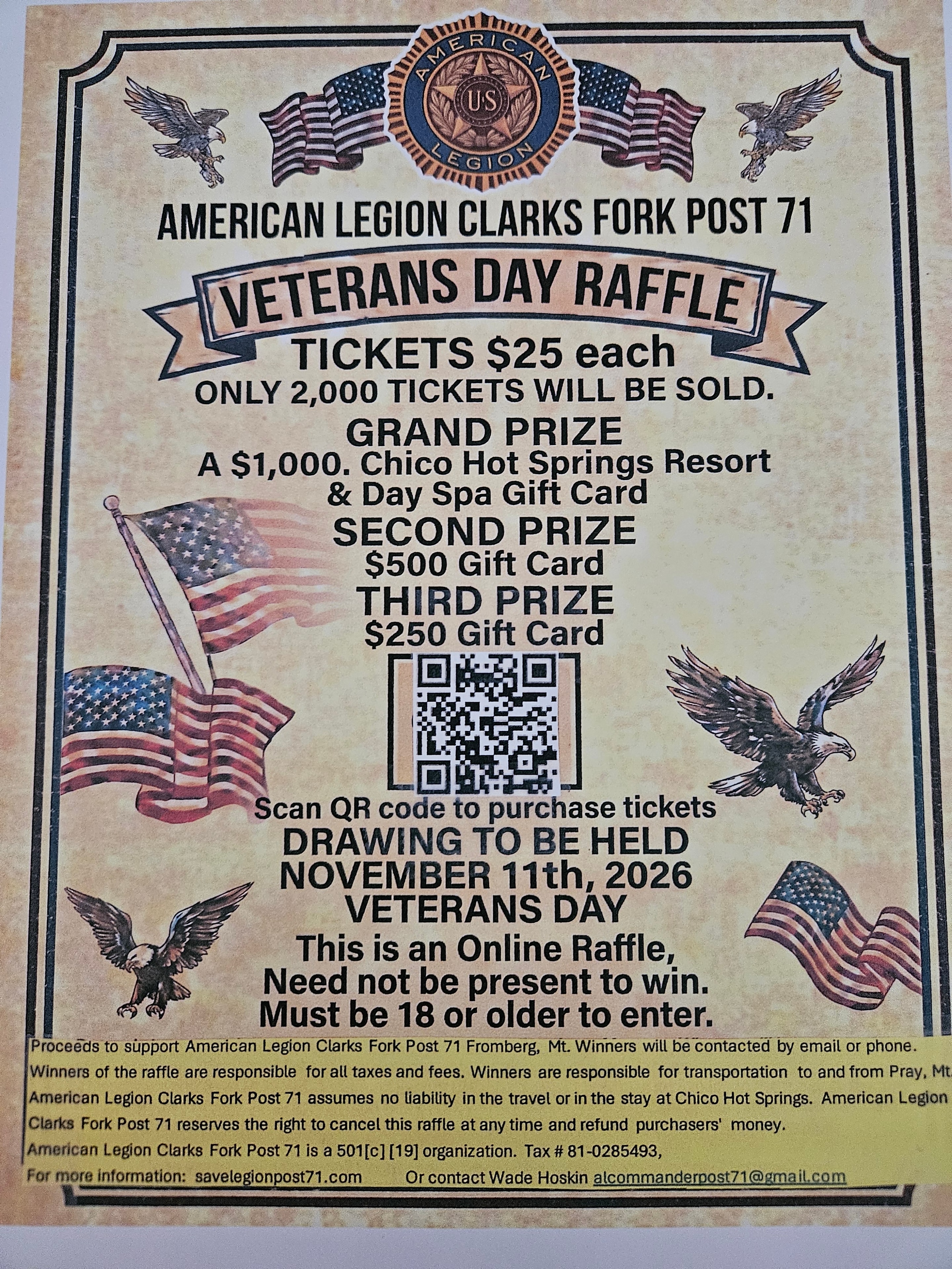 American Legion Clark's Fork Post 71 Veterans Day Raffle poster